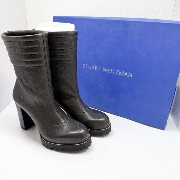 Stuart Weitzman Isobel Boots 6.5 Black Leather Lug Sole Block Heel Mid Calf - Picture 1 of 11